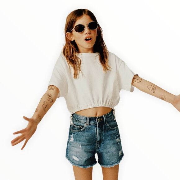 ZARA Kids | Blue | HIGH WAIST DAMAGED DENIM SHORTS - Picture 5 of 8